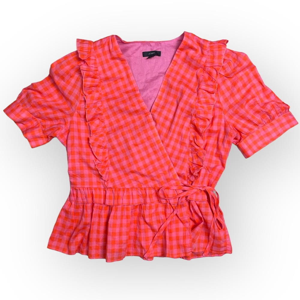 J.Crew Women Top Orange Gingham Cotton Ruffle Wrap Blouse Size M Cottagecore